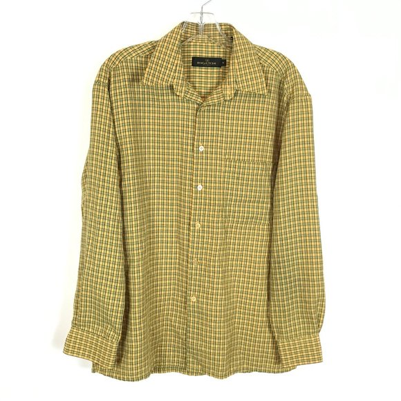 Men Size Medium Bugatchi Uomo Yellow Green Stripe Vintage 90s Button Front Shirt - Picture 1 of 3